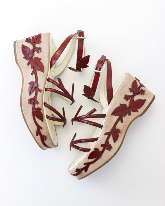 Vintage S/S 1997 Prada Red Floral Vine Leaf Applique Runway Wedge Sandals / 36 (US 6)