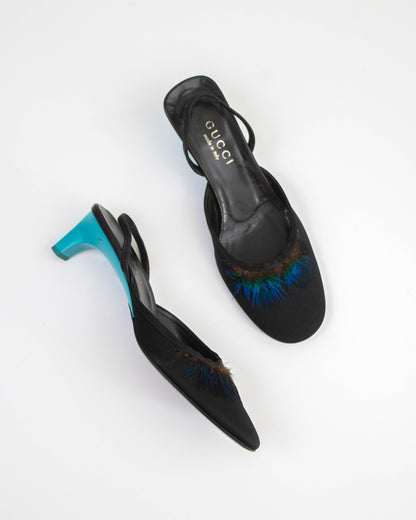 Vintage S/S 1999 Gucci Runway Feather Slingback Heels / 36.5 (US 6.5)