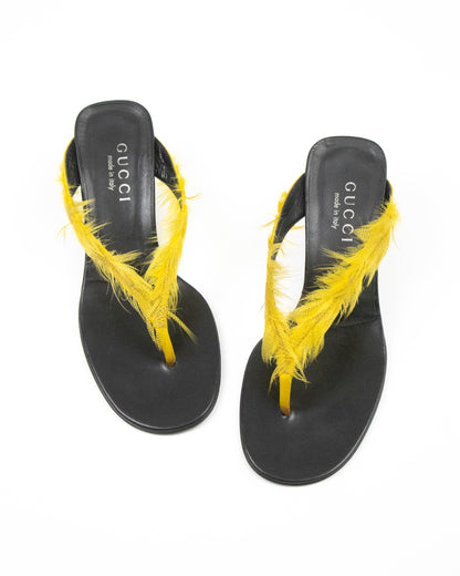 Vintage S/S 1999 Gucci Runway Yellow Feather Thong Mules / 36 (US 6)