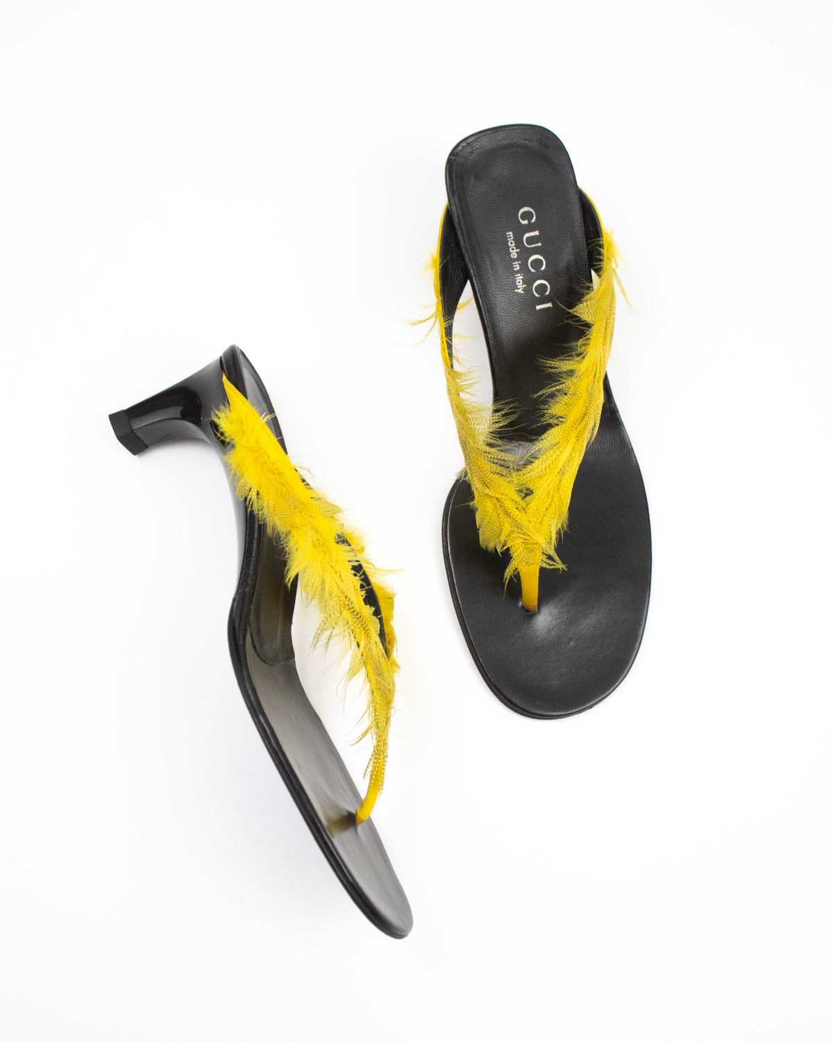 Vintage S/S 1999 Gucci Runway Yellow Feather Thong Mules / 36 (US 6)
