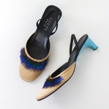 Vintage S/S 1999 Gucci Tom Ford Runway Satin Peacock Feather Kitten Heel Mules / 36.5 (US 6.5)