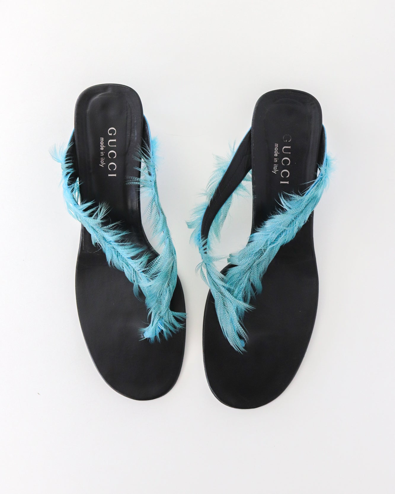 Vintage S/S 1999 Gucci by Tom Ford Runway Blue Feather Thong Mule Heels / 41 ( US 11)