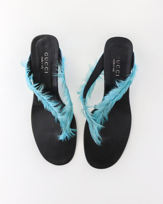 Vintage S/S 1999 Gucci by Tom Ford Runway Blue Feather Thong Mule Heels / 41 ( US 11)