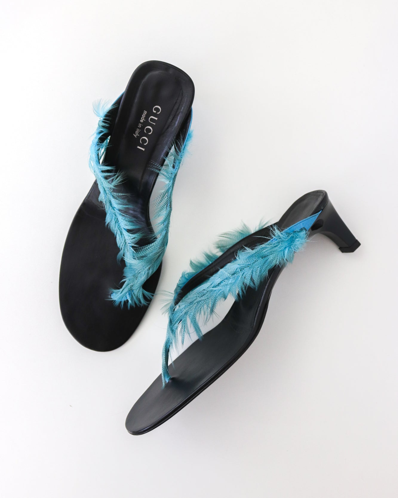 Vintage S/S 1999 Gucci by Tom Ford Runway Blue Feather Thong Mule Heels / 41 ( US 11)