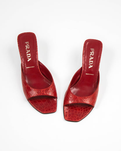 Vintage S/S 2000 Prada Red Croc Kitten Heel Mules / 38.5 (US 8.5)