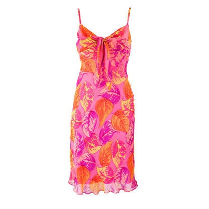 Vintage S/S 2001 Betsey Johnson Pink Silk Floral Print Tie Front Dress / XS