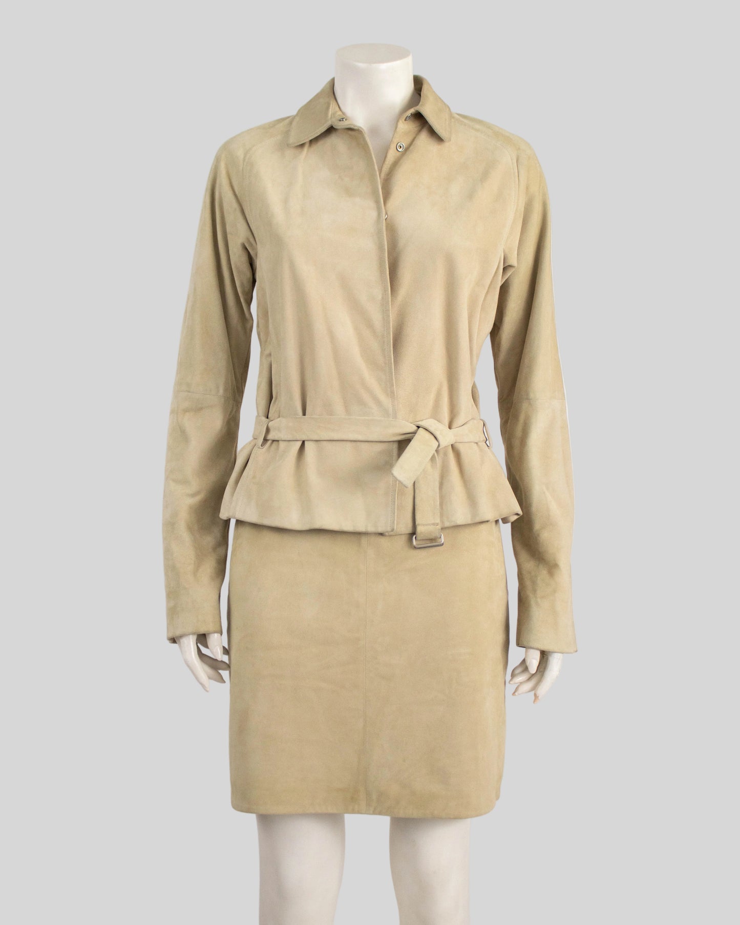 Vintage S/S 2001 Calvin Klein Collection Beige Suede Jacket Skirt Set / M