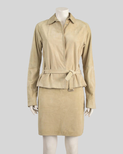 Vintage S/S 2001 Calvin Klein Collection Beige Suede Jacket Skirt Set / M