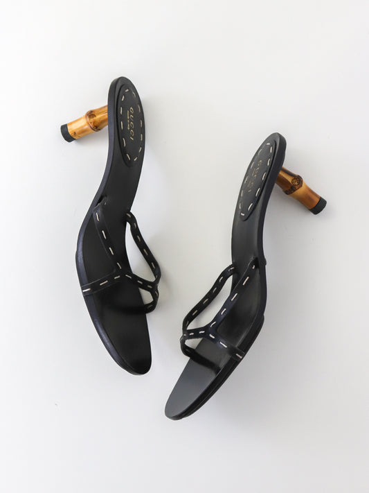 Vintage S/S 2002 Gucci by Tom Ford Black Bamboo Kitten Heel Mules / 39 (US 9)