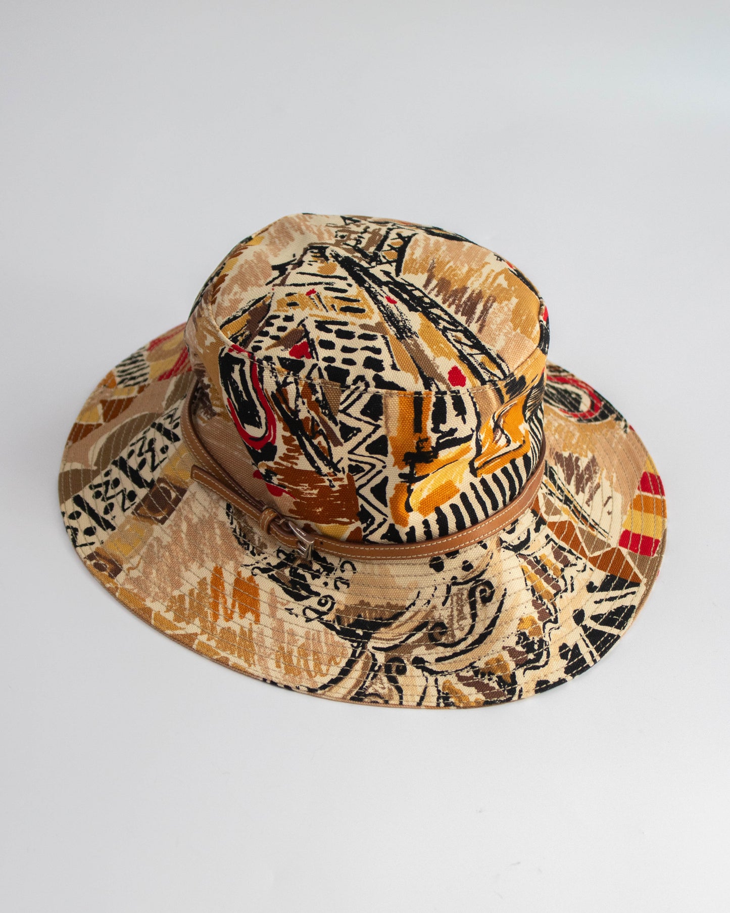 Patterned bucket hat on a light gray background