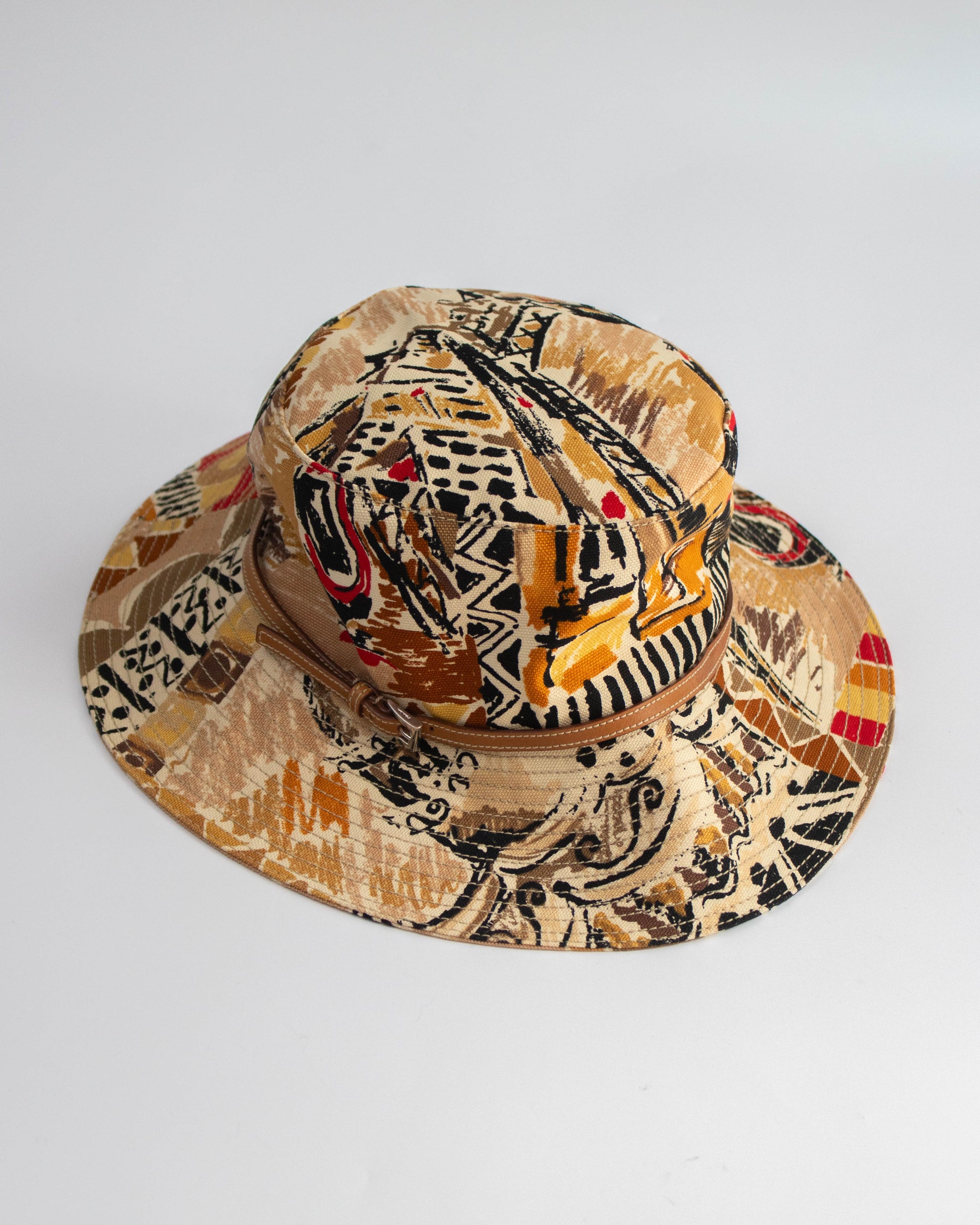 Patterned bucket hat on a light gray background