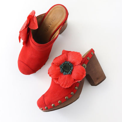 Vintage S/S 2010 Chanel Red Suede Wooden Clogs Large Poppy Flower Heels / 37 (US 7)