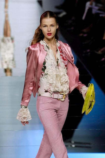 Vintage Valentino S/S 2006 Runway Silk Floral Print Blouse Lace Ruffle Jabot Top / XS-S