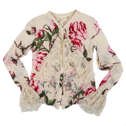 Vintage Valentino S/S 2006 Runway Silk Floral Print Blouse Lace Ruffle Jabot Top / XS-S