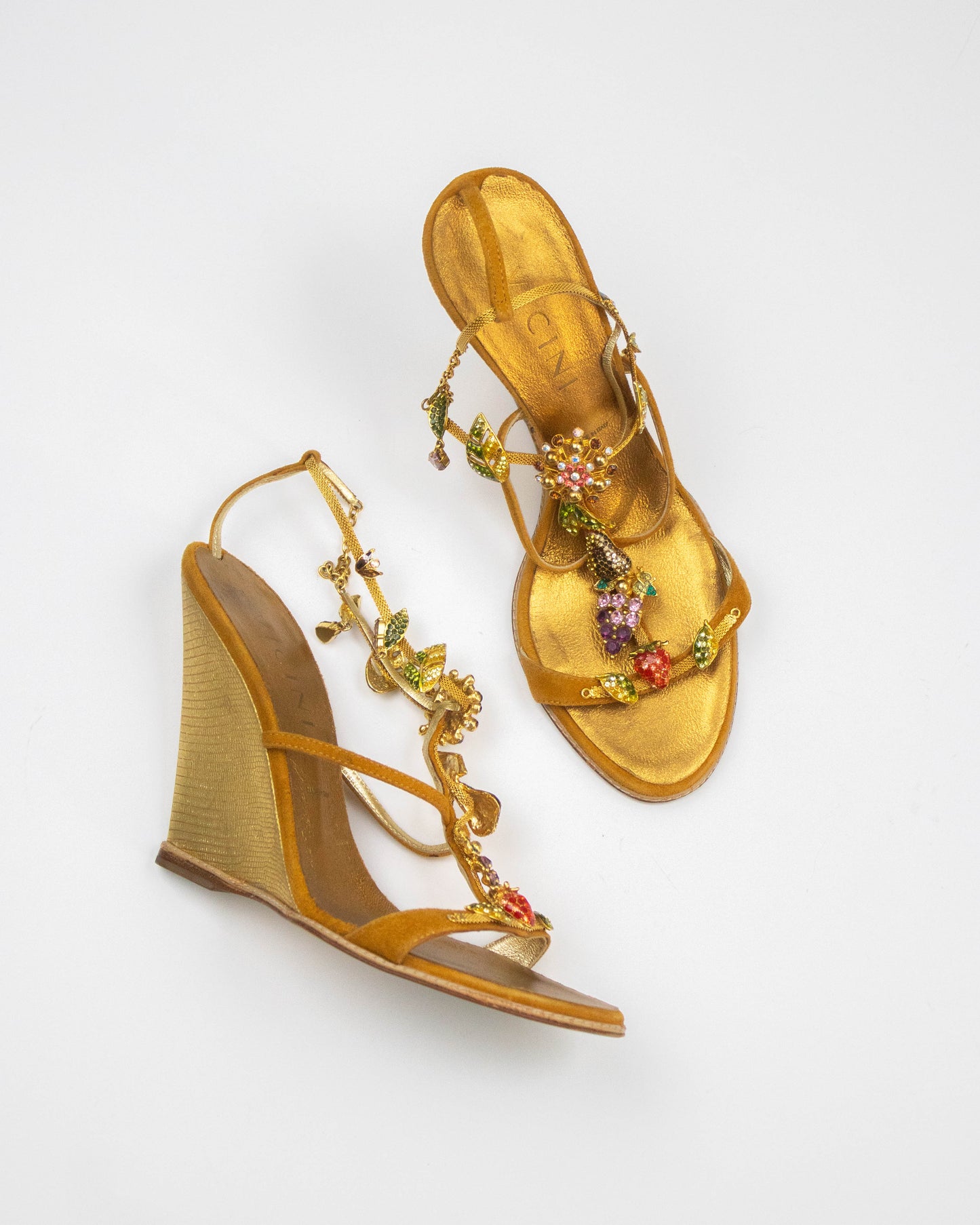 Vintage Vicini Giuseppe Zanotti Crystal Leaf Fruit Detail Wedge Heels / 38 (US 8)