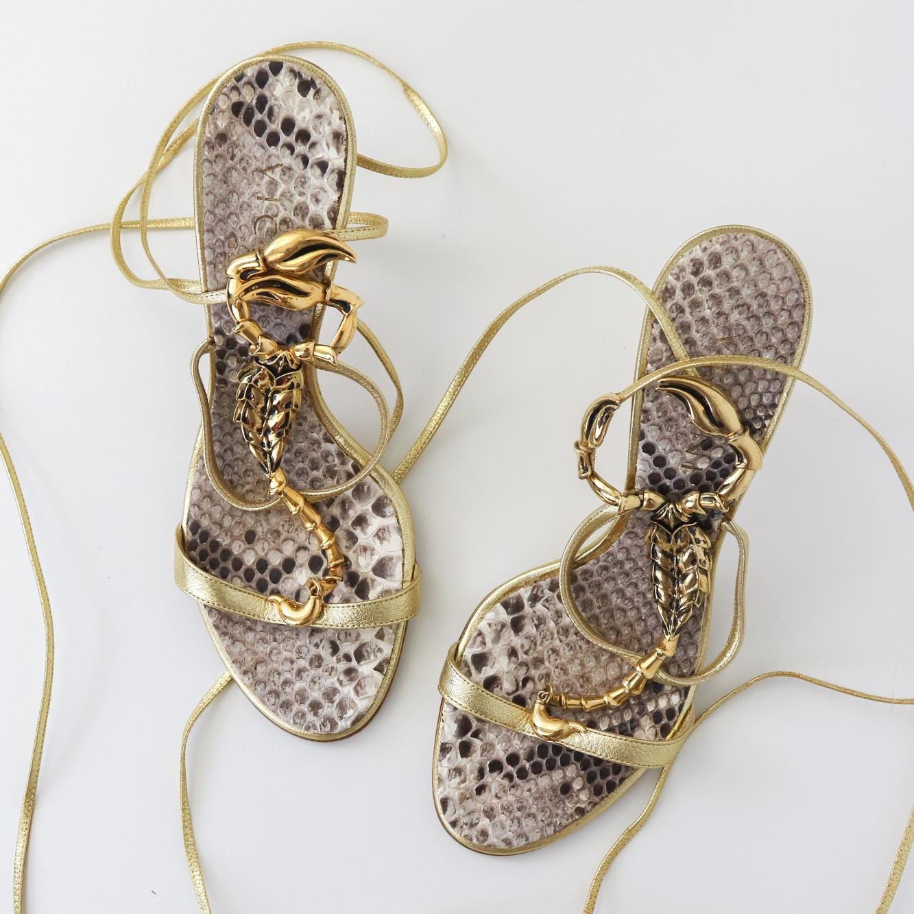 Vintage Vicini Giuseppe Zanotti Gold Scoprion Python Leather Lace Up Heels / 38 (US 8)