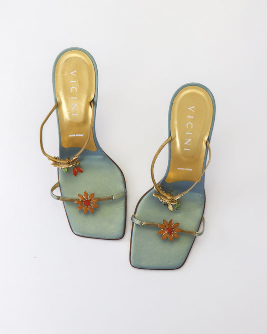 Vintage Vicini Giuseppe Zanotti Metallic Blue Square Toe Bejeweled Mule Heels / 38 (US 8)