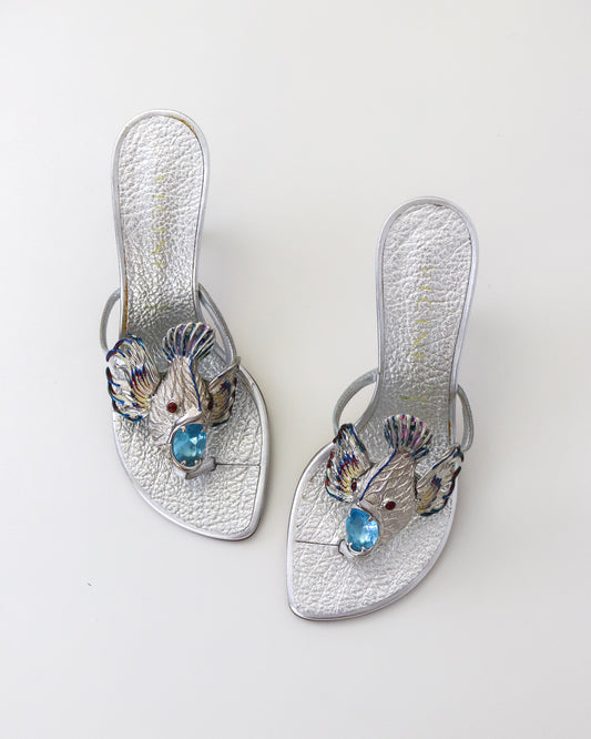 Vintage Vicini Giuseppe Zanotti Silver Fish Thong Mule Heels / 37 (US 7)