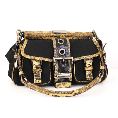 Vintage 2000 PRADA Nylon Reptile Leather Croc Trim Black Flap Bag