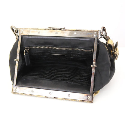 Vintage 2000 PRADA Nylon Reptile Leather Croc Trim Black Flap Bag