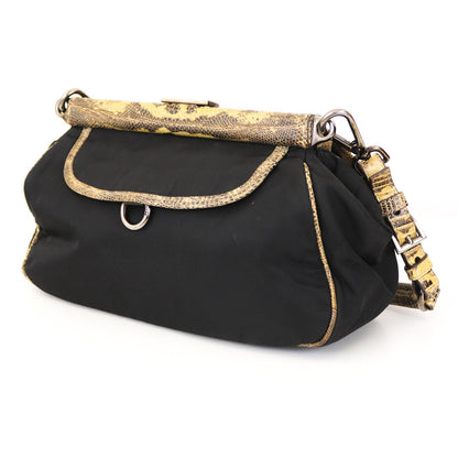 Vintage 2000 PRADA Nylon Reptile Leather Croc Trim Black Flap Bag