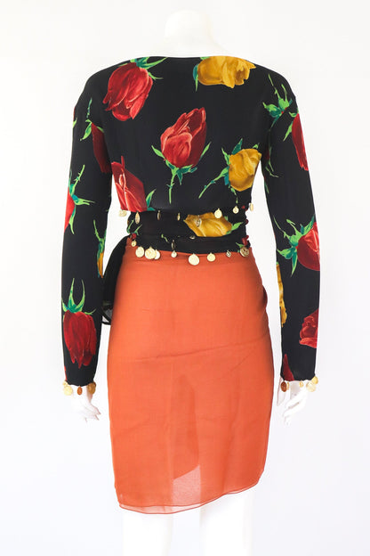 Vintage S/S 1992 Complice by Dolce&Gabbana Coins Embellished Floral Print Wrap Top / IT 42 (S)