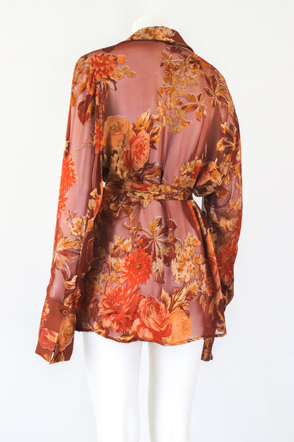 Vintage Gianfranco Ferre Viscose Silk Sheer Floral Print Blouse / L