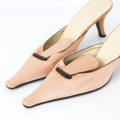 Vintage 2000s Prada Nude Satin Pointed Toe Flared Kitten Heel Mules / 37.5 (US 7.5)