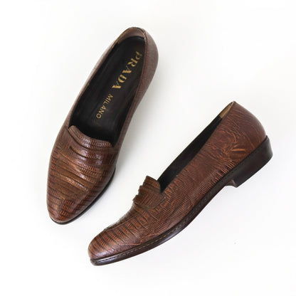 Vintage 1990s Prada Milano Reptile Lizard Leather Classic Loafer Shoes / 37.5 (US 7.5)