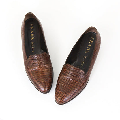 Vintage 1990s Prada Milano Reptile Lizard Leather Classic Loafer Shoes / 37.5 (US 7.5)