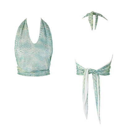 Vintage 1990s Roberto Cavalli Fish Scale Print Open Back Halter Top / S-M