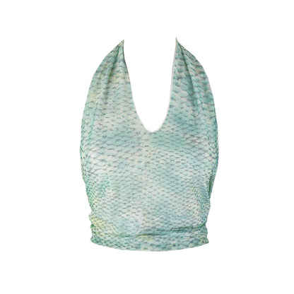 Vintage 1990s Roberto Cavalli Fish Scale Print Open Back Halter Top / S-M