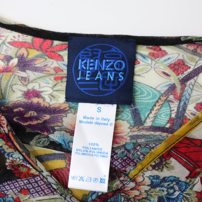 Vintage Kenzo Jeans Japanese Motif Print Wide Sleeve Mesh Top / XS-S