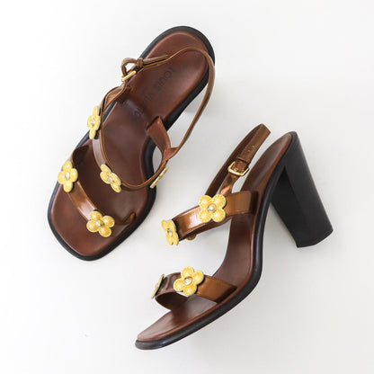 Vintage 2000s Louis Vuitton Brown Leather Flower Detail Sandals Block Heels / 38 (US 8)