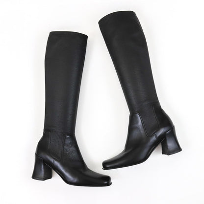 Vintage 1990s Prada Leather Black Square Toe Block Heel Boots / 35-35.5 (US 5-5.5)