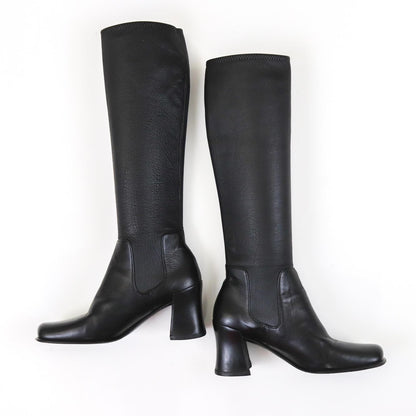 Vintage 1990s Prada Leather Black Square Toe Block Heel Boots / 35-35.5 (US 5-5.5)