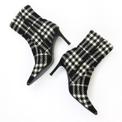 Vintage 2000s Burberry Black Nova Check Wool Boots Pointed Toe Heels / 37 (US 7)