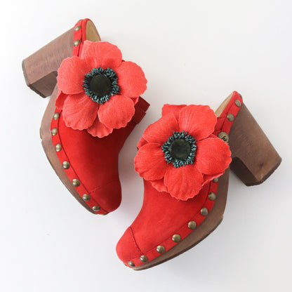 Vintage S/S 2010 Chanel Red Suede Wooden Clogs Large Poppy Flower Heels / 37 (US 7)