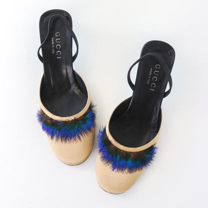 Vintage S/S 1999 Gucci Tom Ford Runway Satin Peacock Feather Kitten Heel Mules / 36.5 (US 6.5)
