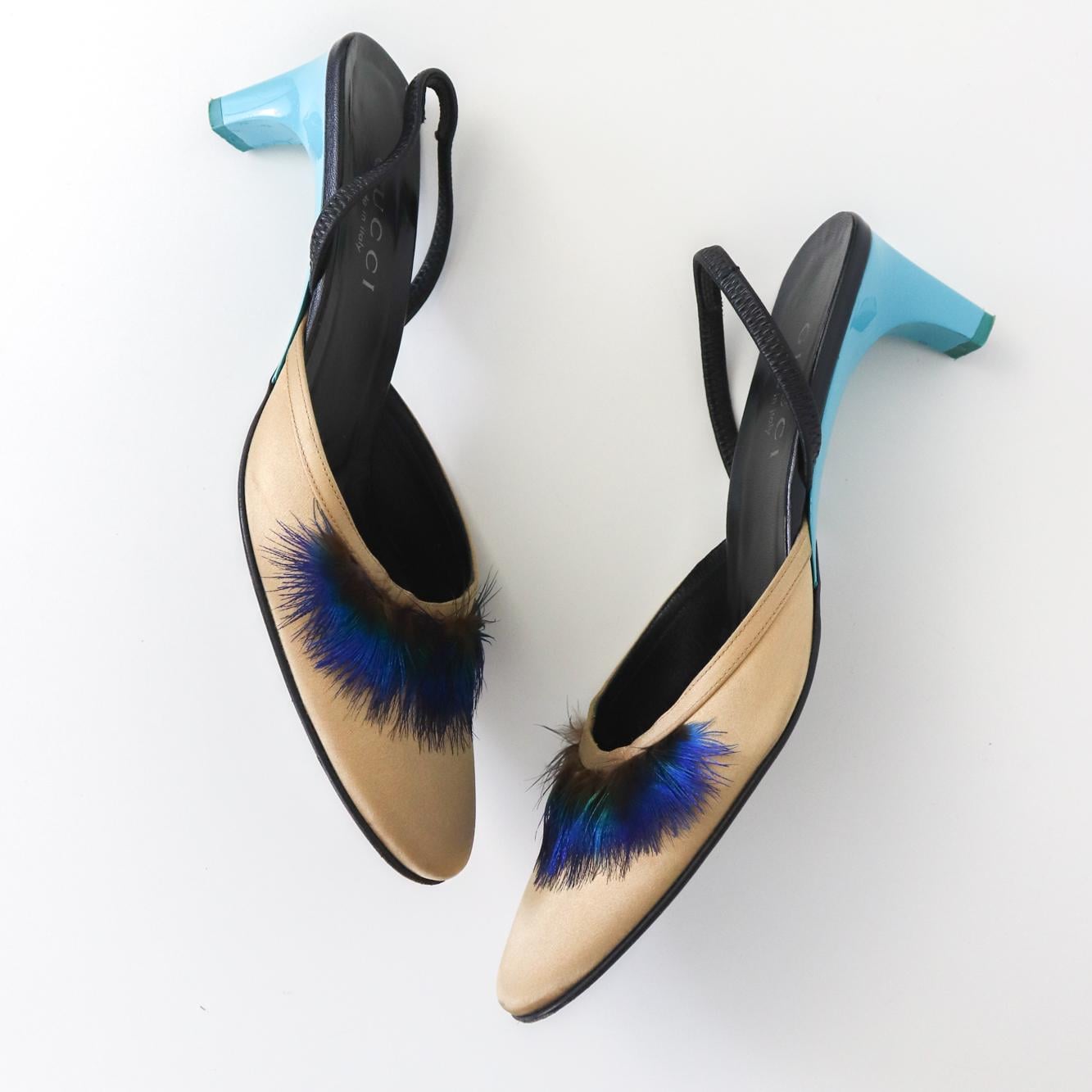 Vintage S/S 1999 Gucci Tom Ford Runway Satin Peacock Feather Kitten Heel Mules / 36.5 (US 6.5)