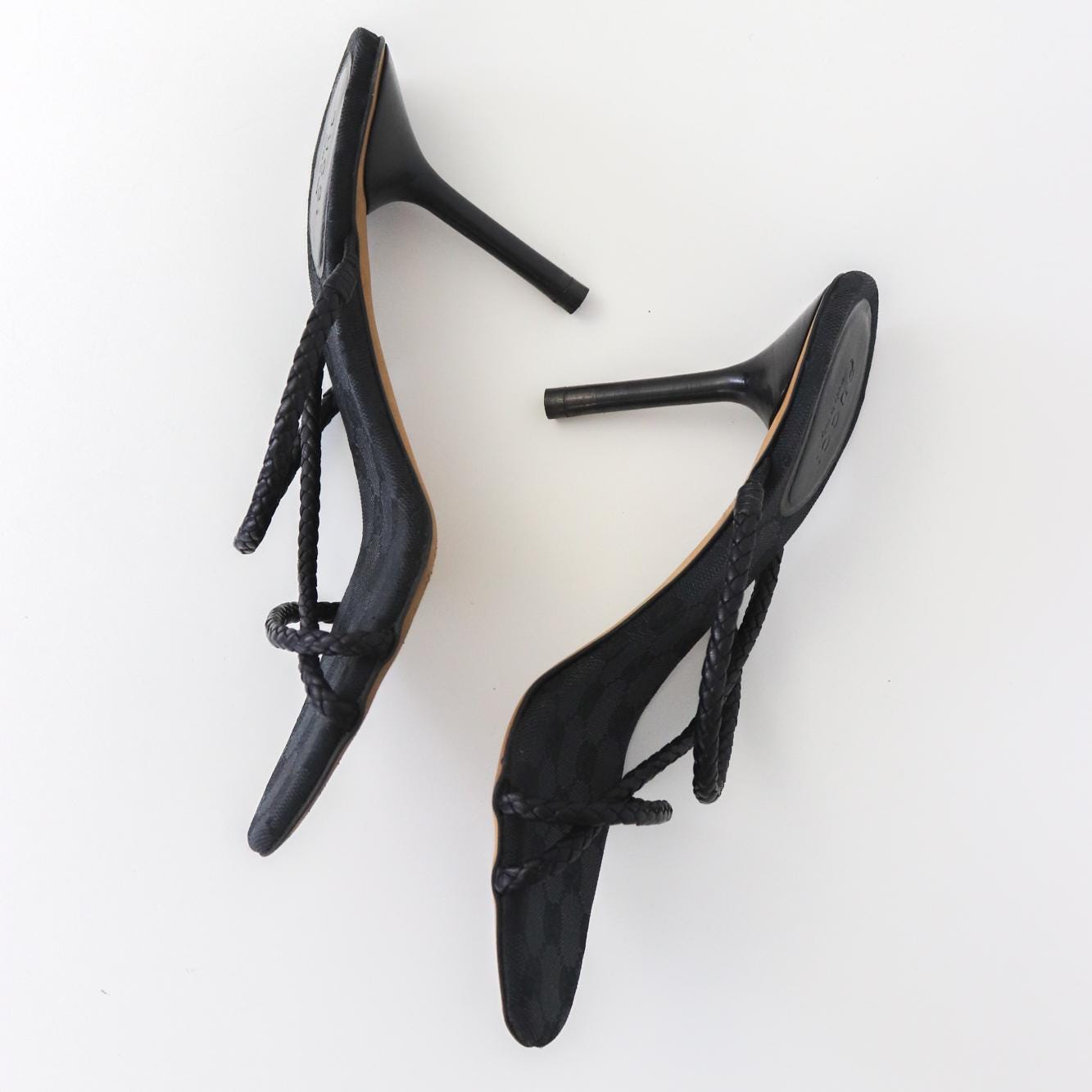 Vintage F/W 2002 Gucci by Tom Ford Black Monogram Heels Mules Braided Leather Detail / 37 (US 7)