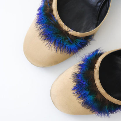 Vintage S/S 1999 Gucci Tom Ford Runway Satin Peacock Feather Kitten Heel Mules / 36.5 (US 6.5)