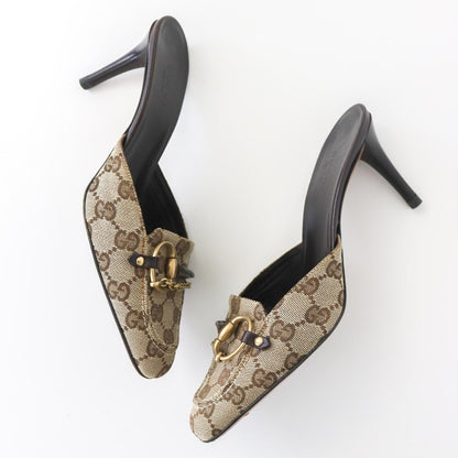 Vintage Gucci by Tom Ford Beige GG Logo Monogram Mules Horsebit Heels / 36.5 (US 6.5)
