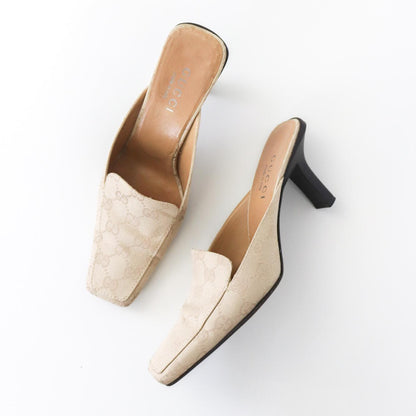 Vintage Gucci by Tom Ford Beige GG Logo Monogram Mules Square Toe Heels / 37 (US 7)