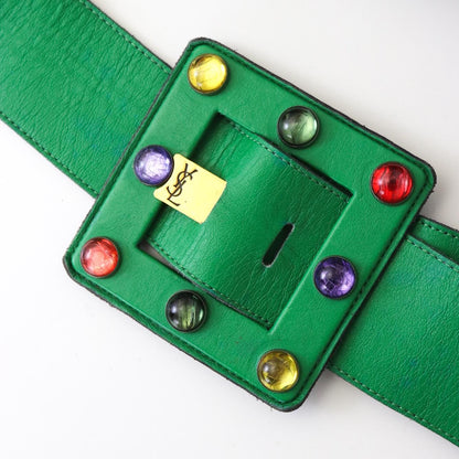 Vintage 1980s Yves Saint Laurent Jewelled Wide Leather Belt YSL Logo