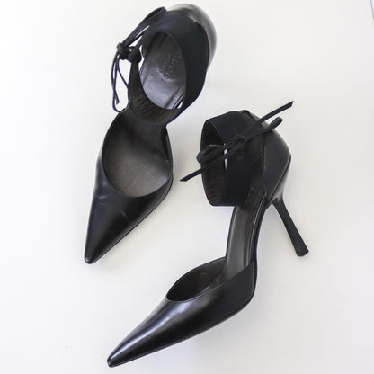 Vintage Gucci by Tom Ford Black Leather Pointed Toe Heels Satin Bow Pumps / 37 (US 7)