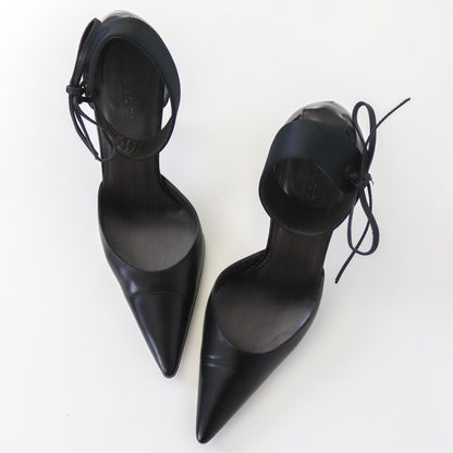 Vintage Gucci by Tom Ford Black Leather Pointed Toe Heels Satin Bow Pumps / 37 (US 7)