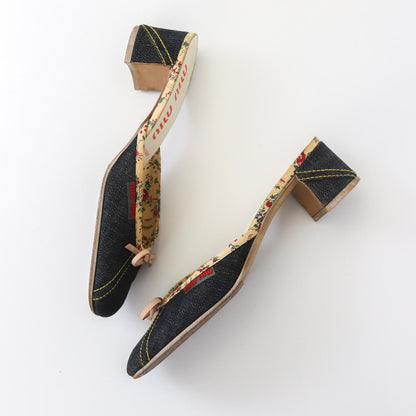 Vintage S/S 2002 Miu Miu Prada Denim Floral Block Heel Mules With Bows / 36.5 (US 6.5)