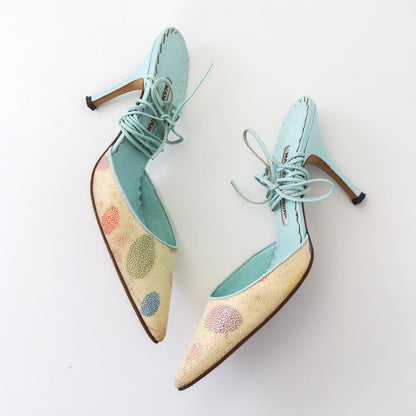 Vintage 2000s Manolo Blahnik Stingray Skin Turquoise Leather Lace Up Mules / 36 (US 6)