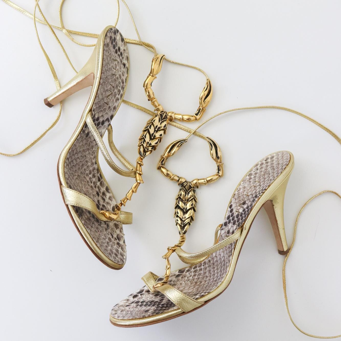 Vintage Vicini Giuseppe Zanotti Gold Scoprion Python Leather Lace Up Heels / 38 (US 8)
